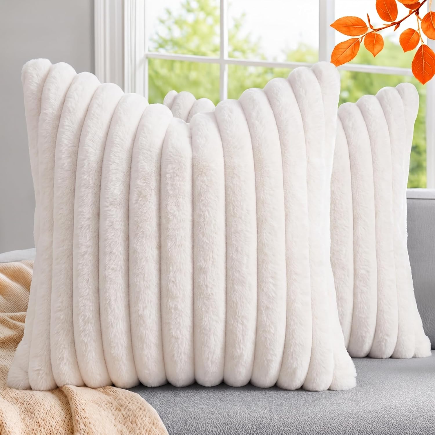 Pack of 2 Throw Pillow Covers 18x18 Decorative Solid Plush Faux Fur with Soft Velvet Back, Square Striped Cushion Cases Modern Farmhouse Home Decor for Living Room Couch Sofa Bed Cream White
