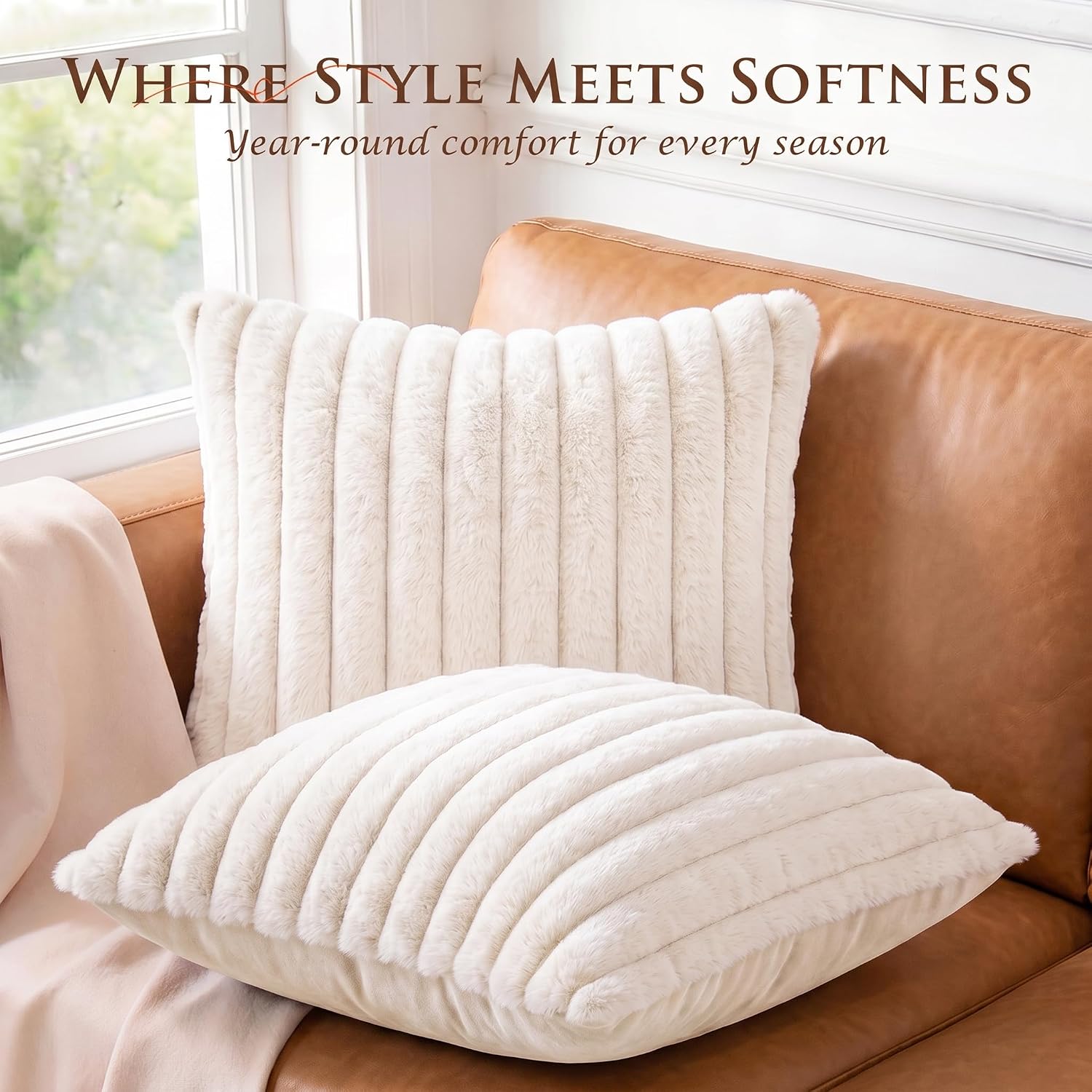 Pack of 2 Throw Pillow Covers 18x18 Decorative Solid Plush Faux Fur with Soft Velvet Back, Square Striped Cushion Cases Modern Farmhouse Home Decor for Living Room Couch Sofa Bed Cream White - Image 4