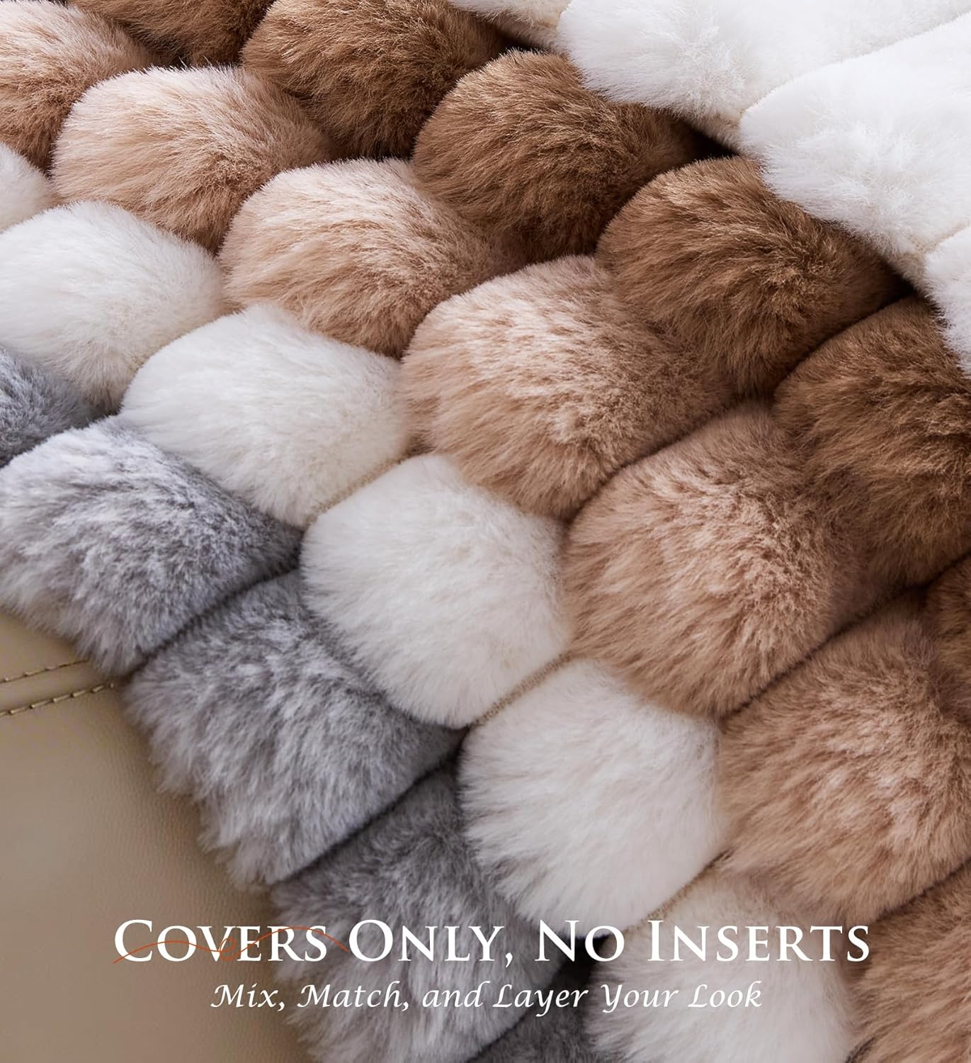 Pack of 2 Throw Pillow Covers 18x18 Decorative Solid Plush Faux Fur with Soft Velvet Back, Square Striped Cushion Cases Modern Farmhouse Home Decor for Living Room Couch Sofa Bed Cream White - Image 5