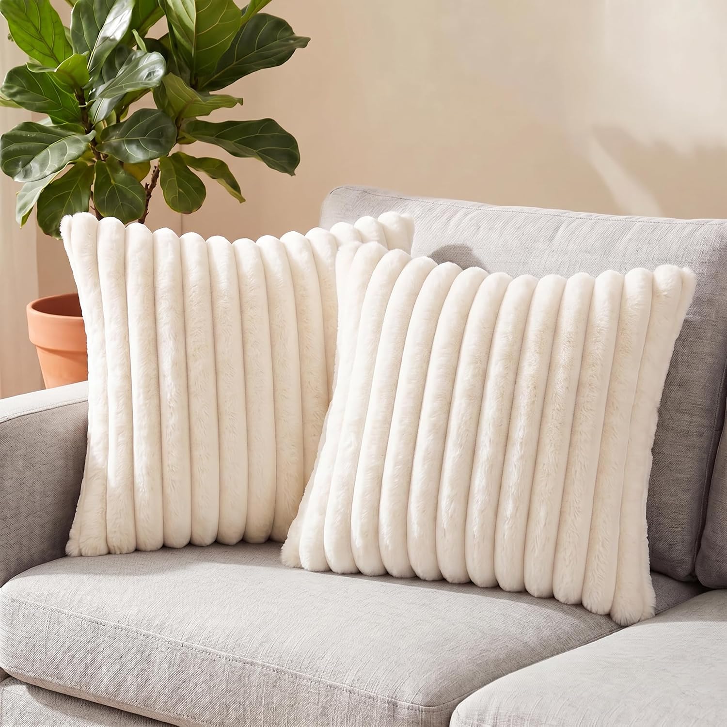 Pack of 2 Throw Pillow Covers 18x18 Decorative Solid Plush Faux Fur with Soft Velvet Back, Square Striped Cushion Cases Modern Farmhouse Home Decor for Living Room Couch Sofa Bed Cream White - Image 6