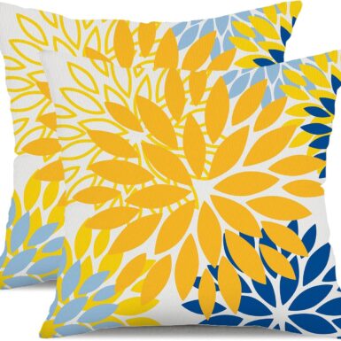 DFXSZ Yellow Blue Flower Pillow Covers 18x18 Inch Set of 2 White Gray Colored Throw Pillows Outdoor Waterproof Decor for Living Room Sofa Patio Funiture Garden Floral Polyester Pillow Covers 002J18